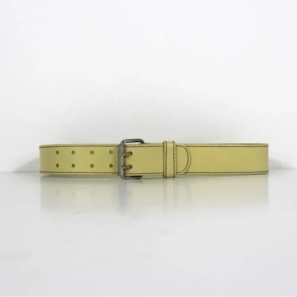 1980’s Butter Yellow Wide Genuine Leather Belt with Double Prong Silver Buckle - Picture 2 of 7